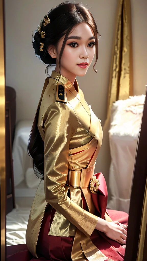 masterpiece, highest quality, HDR, high contrast, ((beautiful girl, Thai Female Soldier)), bun hair, highly detailed lips, detailed eyes, double eyelid, Make-up face. ((flchut thai dresses, strapless shirts)), just showing his face. pretty face. captivating. make-up face. long eyelashes, just showing his face. pretty face. captivating. make-up face. long eyelashes, just showing his face. pretty face. captivating. make-up face. long eyelashes, ((in front of the make-up mirror))