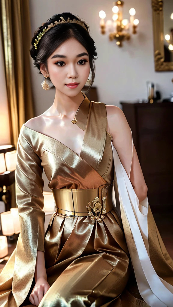 masterpiece, highest quality, HDR, high contrast, ((beautiful girl, Thai Female Soldier)), bun hair, highly detailed lips, detailed eyes, double eyelid, Make-up face. ((flchut thai dresses, strapless shirts)), just showing his face. pretty face. captivating. make-up face. long eyelashes, just showing his face. pretty face. captivating. make-up face. long eyelashes, just showing his face. pretty face. captivating. make-up face. long eyelashes, ((in front of the make-up mirror))