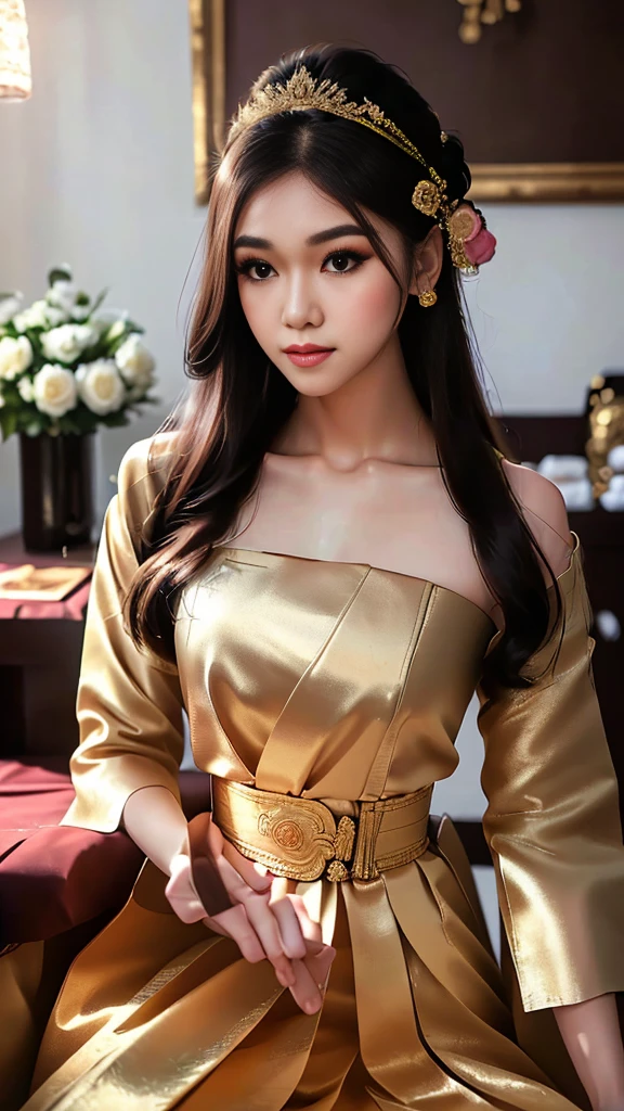masterpiece, highest quality, HDR, high contrast, ((beautiful girl, Thai Female Soldier)), bun hair, highly detailed lips, detailed eyes, double eyelid, Make-up face. ((flchut thai dresses, strapless shirts)), just showing his face. pretty face. captivating. make-up face. long eyelashes, just showing his face. pretty face. captivating. make-up face. long eyelashes, just showing his face. pretty face. captivating. make-up face. long eyelashes, ((in front of the make-up mirror))