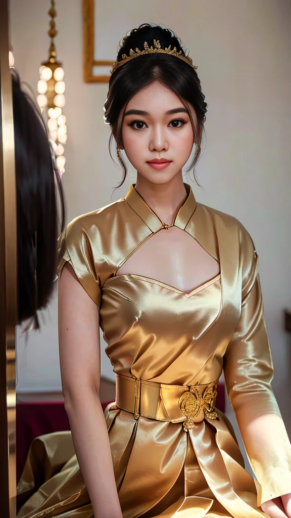 masterpiece, highest quality, HDR, high contrast, ((beautiful girl, Thai Female Soldier)), bun hair, highly detailed lips, detailed eyes, double eyelid, Make-up face. ((flchut thai dresses, strapless shirts)), just showing his face. pretty face. captivating. make-up face. long eyelashes, just showing his face. pretty face. captivating. make-up face. long eyelashes, just showing his face. pretty face. captivating. make-up face. long eyelashes, ((in front of the make-up mirror))