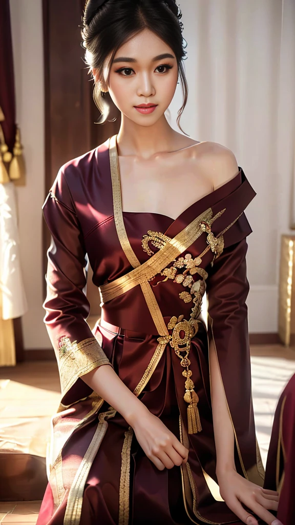 masterpiece, highest quality, HDR, high contrast, ((beautiful girl, Thai Female Soldier)), bun hair, highly detailed lips, detailed eyes, double eyelid, Make-up face. ((flchut thai dresses, strapless shirts)), just showing his face. pretty face. captivating. make-up face. long eyelashes, just showing his face. pretty face. captivating. make-up face. long eyelashes, just showing his face. pretty face. captivating. make-up face. long eyelashes, ((in front of the make-up mirror))