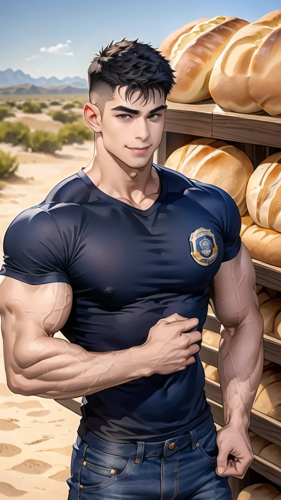 1 man,(Skinheads hairstyles) ,black eye,(Wear a fitted round neck t-shirt in navy with a police badge.:1.3),(fit neck),Navy blue jeans,(black_gloves), Korean guy,chest muscles,large arm muscles,blood vessel,Big muscles,Broad shoulders, smile, middle of the road,(In the desert:1.2),(full_shot:1.6),(In the bread shop:1.2),
