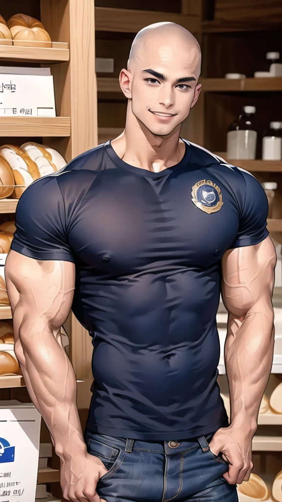 1 man,(Skinheads hairstyles) ,black eye,(Wear a fitted round neck t-shirt in navy with a police badge.:1.3),(fit neck),Navy blue jeans,(black_gloves), Korean guy,chest muscles,large arm muscles,blood vessel,Big muscles,Broad shoulders, smile, middle of the road,(In the desert:1.2),(full_shot:1.6),(In the bread shop:1.2),