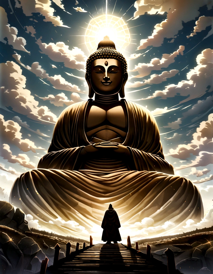 A huge Buddha statue seen in the distance, stone, texture, expensive, Majestic, The background is illuminated by sunlight.，cloud, Inverted Image，side，Pilgrims' Path