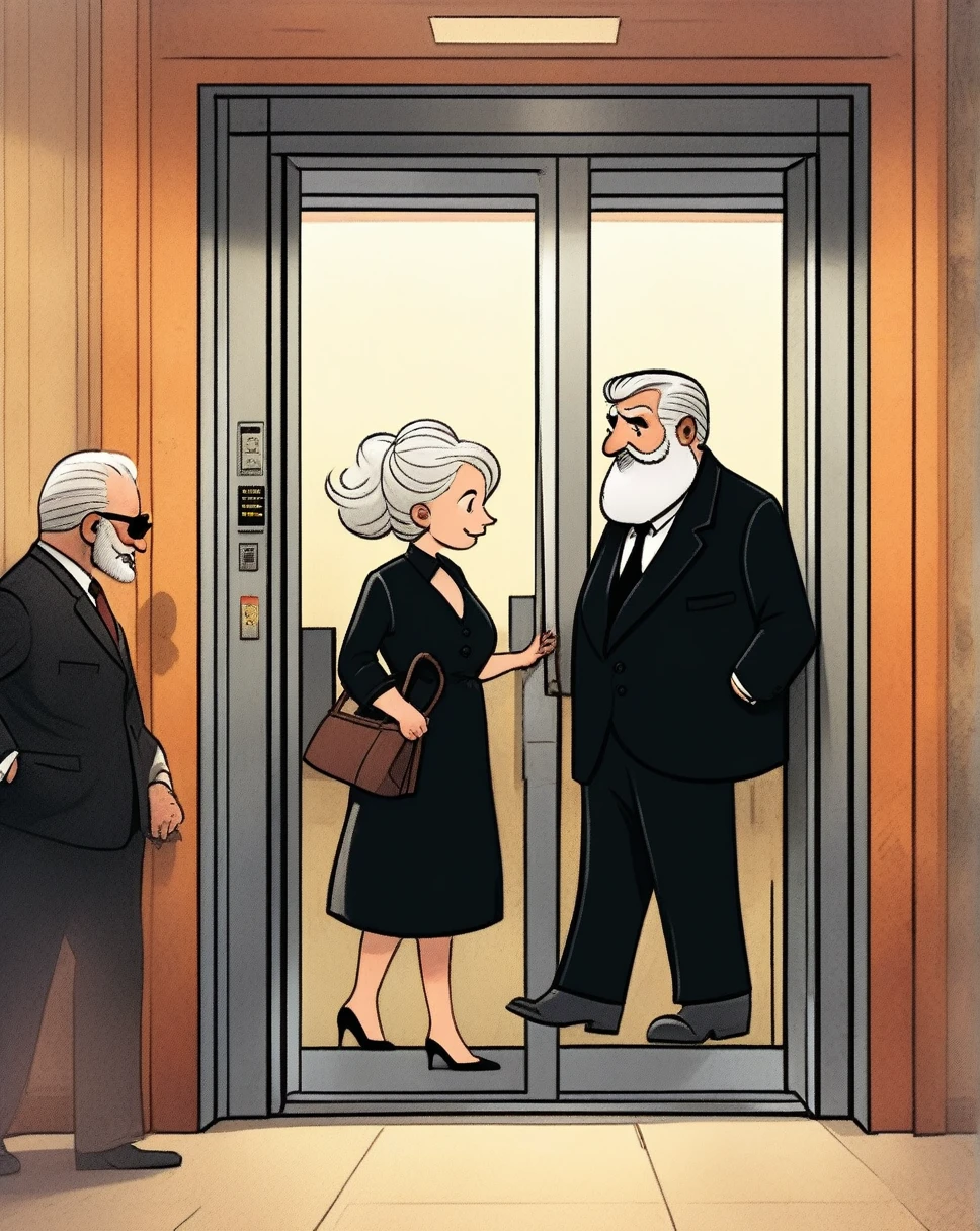 children's picture books, crayon paintings, underground elevator escape rusty old german style, an old fat white hair and beard, mafia boss wearing a black suite, with his blond wife who wears a black dress, clicks the elevator bouton to open the door, 