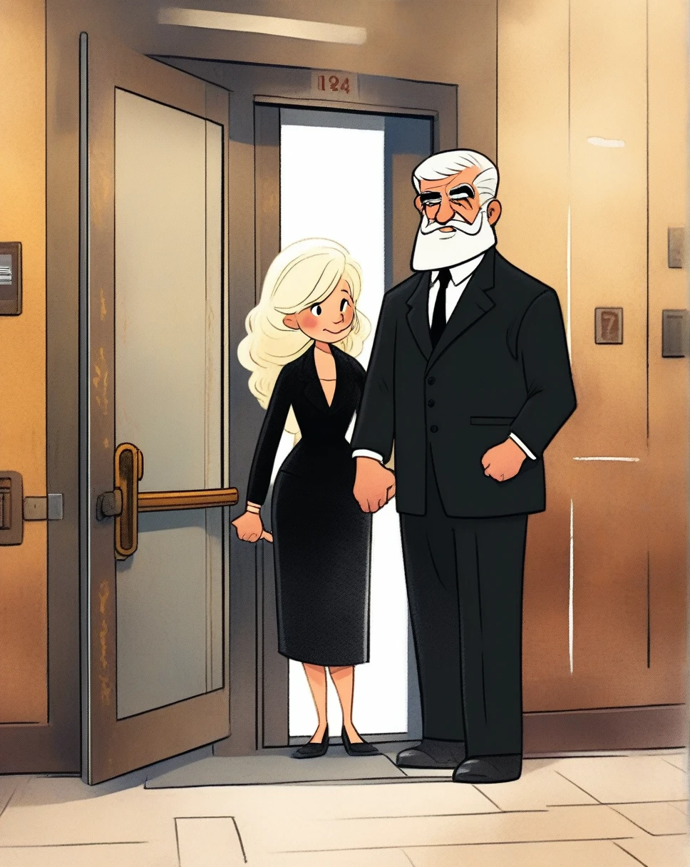 children's picture books, crayon paintings, underground elevator escape rusty old german style, an old fat white hair and beard, mafia boss wearing a black suite, with his blond wife who wears a black dress, clicks the elevator bouton to open the door,