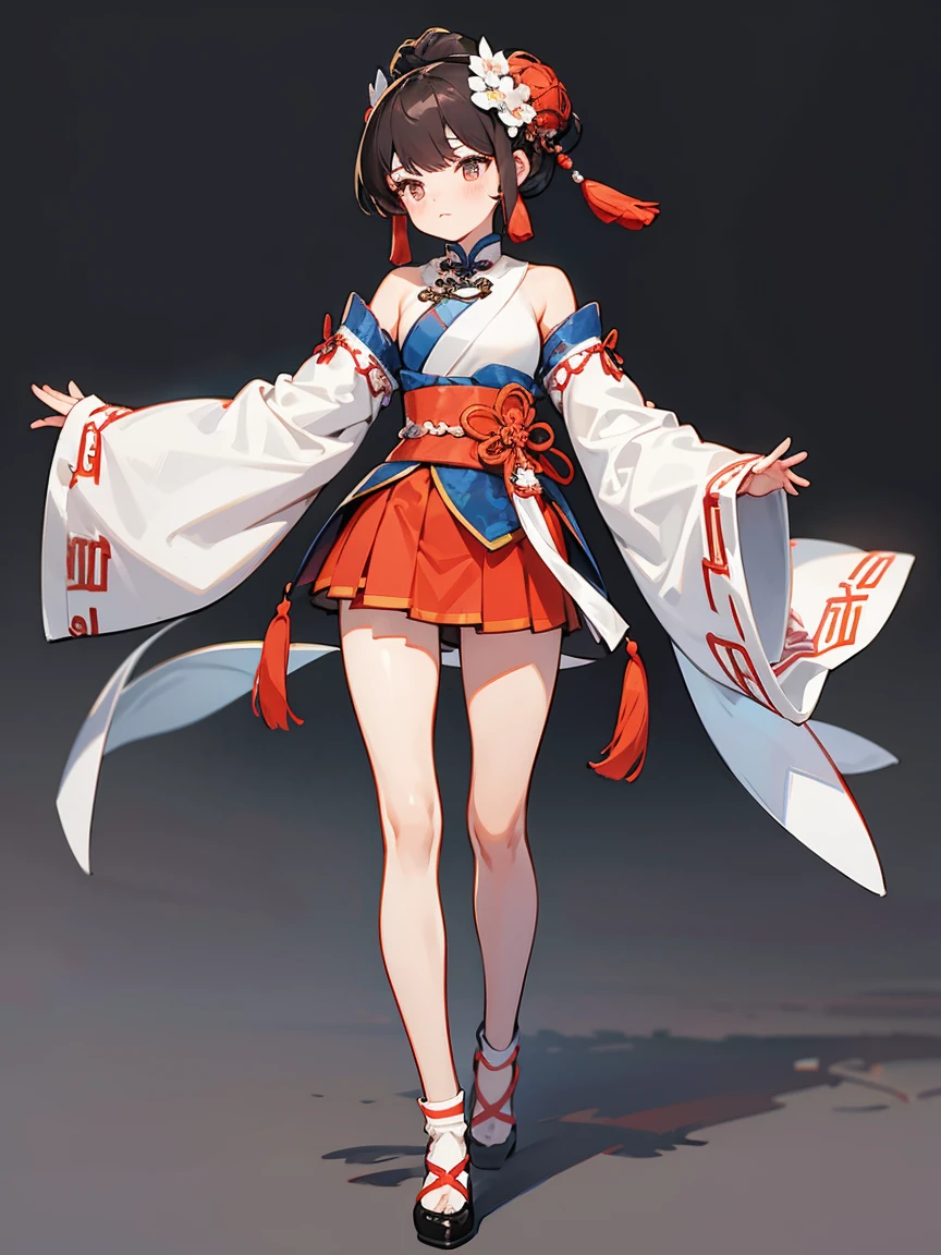 Costume,Chinese Tang Dynasty women,Short skirt,Standing,Show your shoulders,Show your arms,Show your thighs,Embroidered shoes,Ball head hairstyle,whole body,Blank Background