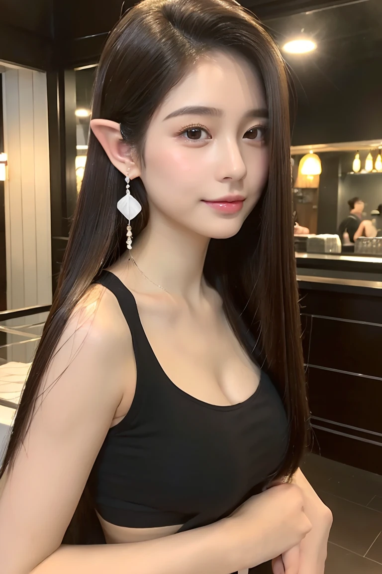 Selfie, Big breast, big ,(The ultra -The high-definition:1.5)(ultra-detailliert:1.3) (ultra-quality) (An ultra-high picture quality:1.5) (rialistic photo:1.3) A Japanese Lady　21years old　((detailed and beautiful faces:1.3)) ((realistic skin textures:1.3)) ((Precise, high-quality eyes:1.3)) ((The beauty of detailed and high quality ears, Very fair and transparent skin:1.3)) ((Beautifully groomed straight long hair:1.3))Complete body　beautiful proportion　(Thin sleeveless shirt in fabric)　The background is the inside of a cafe at dusk..　Beautiful, Luxurious and stylish interior　((Happy viewer&#39;s eyes)) Wet lips ajar　 Colossal tits　unclear　kawaii