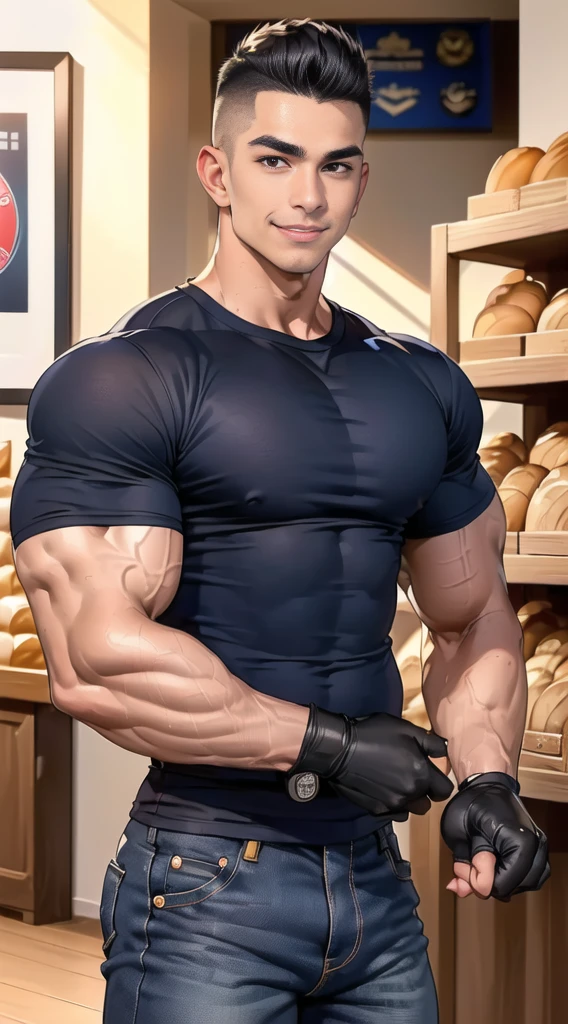 1 man,(Skinheads hairstyles) ,black eye,(Wear a fitted round neck t-shirt in navy with a police badge.:1.3),(fit neck),Navy blue jeans,(black_gloves), Korean guy,chest muscles,large arm muscles,blood vessel,Big muscles,Broad shoulders, smile, middle of the road,(full_shot:1.6),(In the bread shop:1.2),