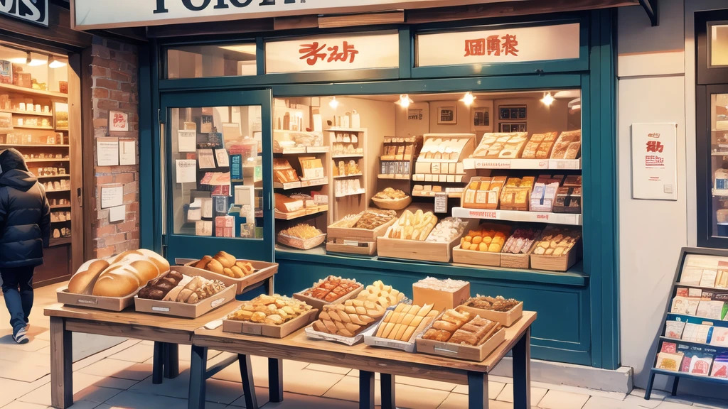 In front of the shop, bread, glasses of milk, various snacks on the table. ,Wide angle, many people