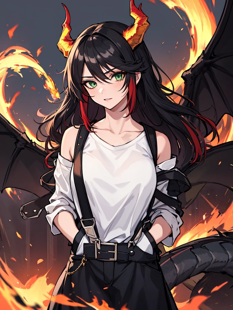 absurdres, 8k, 4k, masterpiece, hyper extreme detailed:1.2), solo, 1girl, front view, perfect face, 1girl, portrait, expressive eyes, looking at viewer, solo, green eyes, standing, mature female, , pale, long black hair, groan, casual wear, adult, looking forward, front view, black horns, confident, cautious, rational, messy hair, wind, windy, moving hair, moving clothes, swept bangs, front view, unyielding, mature body, tomboy, dragon tail, adult, black nails, wild hair, velvet crowe, scars, fatigue, Black Demonic Horns, Dragon Horns, Dragon Tail, fire, long skirt, hands in pockets, white shirt black letters,  shoulder, shoulder strap, suspenders, velvet crowe, velvet-outfit, red hair gradients, village background, fiery, flames, burning,
