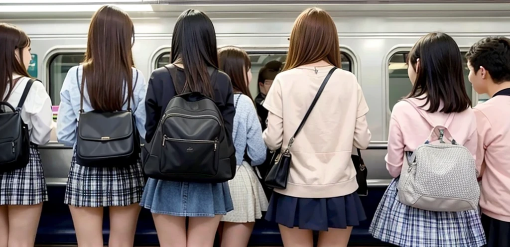 Back view、Multiple high school girls、mini skirt、crowded train