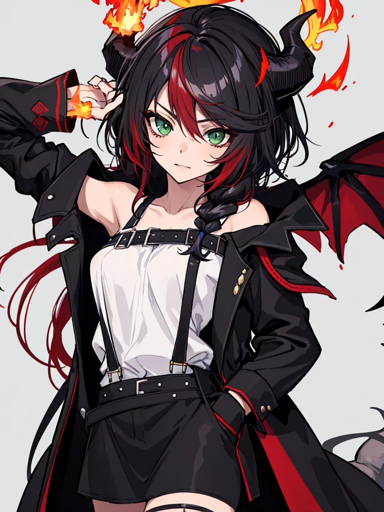 absurdres, 8k, 4k, masterpiece, hyper extreme detailed:1.2), solo, 1girl, front view, perfect face, 1girl, portrait, expressive eyes, looking at viewer, solo, green eyes, standing, mature female, , pale, long black hair, groan, casual wear, adult, looking forward, front view, black horns, confident, cautious, rational, messy hair, wind, windy, moving hair, moving clothes, swept bangs, front view, unyielding, mature body, tomboy, dragon tail, adult, black nails, wild hair, velvet crowe, scars, fatigue, Black Demonic Horns, Dragon Horns, Dragon Tail, fire, long skirt, hands in pockets, white shirt black letters,  shoulder, shoulder strap, suspenders, velvet crowe, velvet-outfit, red hair gradients, village background, fiery, flames, burning,
