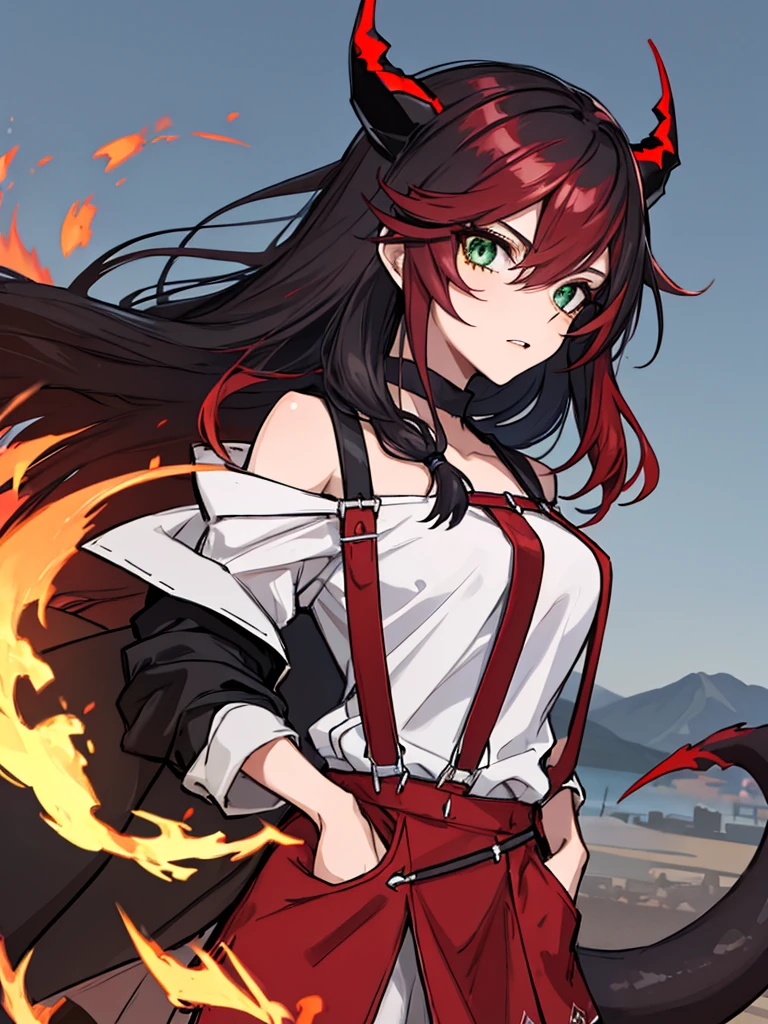 absurdres, 8k, 4k, masterpiece, hyper extreme detailed:1.2), solo, 1girl, front view, perfect face, 1girl, portrait, expressive eyes, looking at viewer, solo, green eyes, standing, mature female, , pale, long black hair, groan, casual wear, adult, looking forward, front view, black horns, confident, cautious, rational, messy hair, wind, windy, moving hair, moving clothes, swept bangs, front view, unyielding, mature body, tomboy, dragon tail, adult, black nails, wild hair, velvet crowe, scars, fatigue, Black Demonic Horns, Dragon Horns, Dragon Tail, fire, long skirt, hands in pockets, white shirt black letters, exposed shoulder, shoulder strap, suspenders, velvet crowe, velvet-outfit, red hair gradients, village background, fiery, flames, burning,