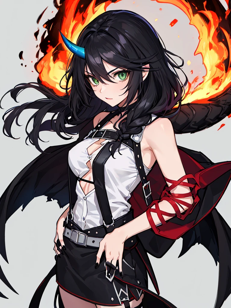absurdres, 8k, 4k, masterpiece, hyper extreme detailed:1.2), solo, 1girl, front view, perfect face, 1girl, portrait, expressive eyes, looking at viewer, solo, green eyes, standing, mature female, , pale, long black hair, groan, casual wear, adult, looking forward, front view, black horns, confident, cautious, rational, messy hair, wind, windy, moving hair, moving clothes, swept bangs, front view, unyielding, mature body, tomboy, dragon tail, adult, black nails, wild hair, velvet crowe, scars, fatigue, Black Demonic Horns, Dragon Horns, Dragon Tail, fire, long skirt, hands in pockets, white shirt black letters, exposed shoulder, shoulder strap, suspenders, velvet crowe, velvet-outfit, red hair gradients, village background, fiery, flames, burning,