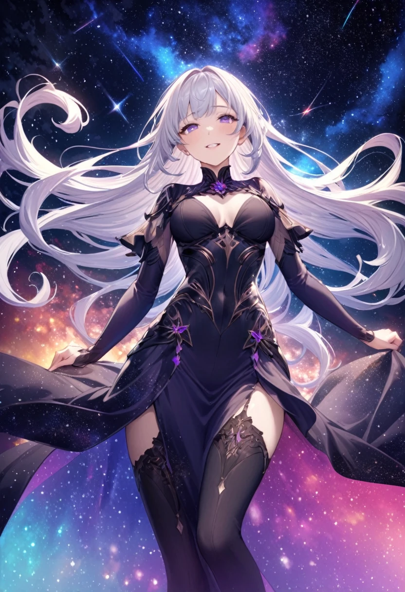 High Detail, Very detailed, Ultra-high resolution, White hair，Purple Eyes，A girl having a good time in a fantasy galaxy, Surrounded by stars, The warm light shines on her, Background is starry sky，There are colorful galaxies and galaxy clouds, The stars fly around her, Delicate face, Add playfulness , 