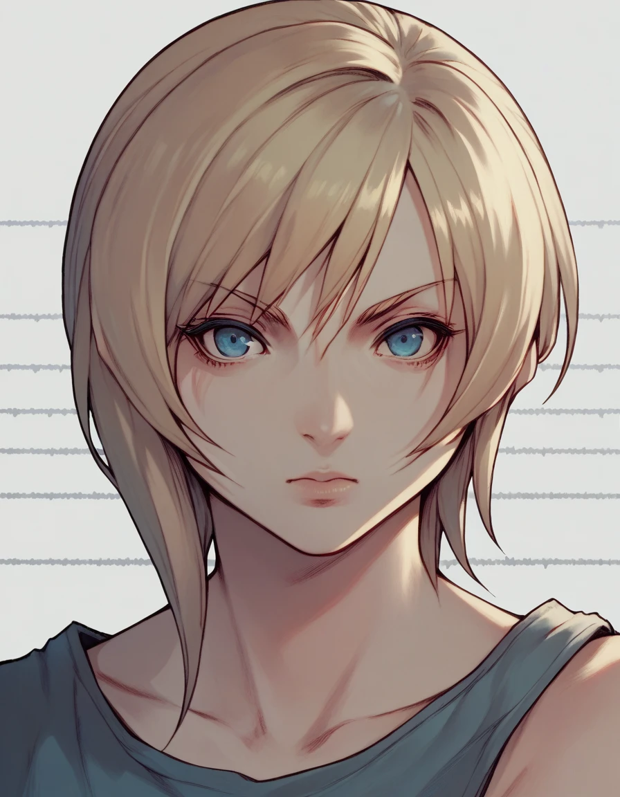 Aya Brea, video game character, shoulder-length blonde short hair with side bangs. The character's eyes are blue, giving her a sharp and focused gaze. No shadows
