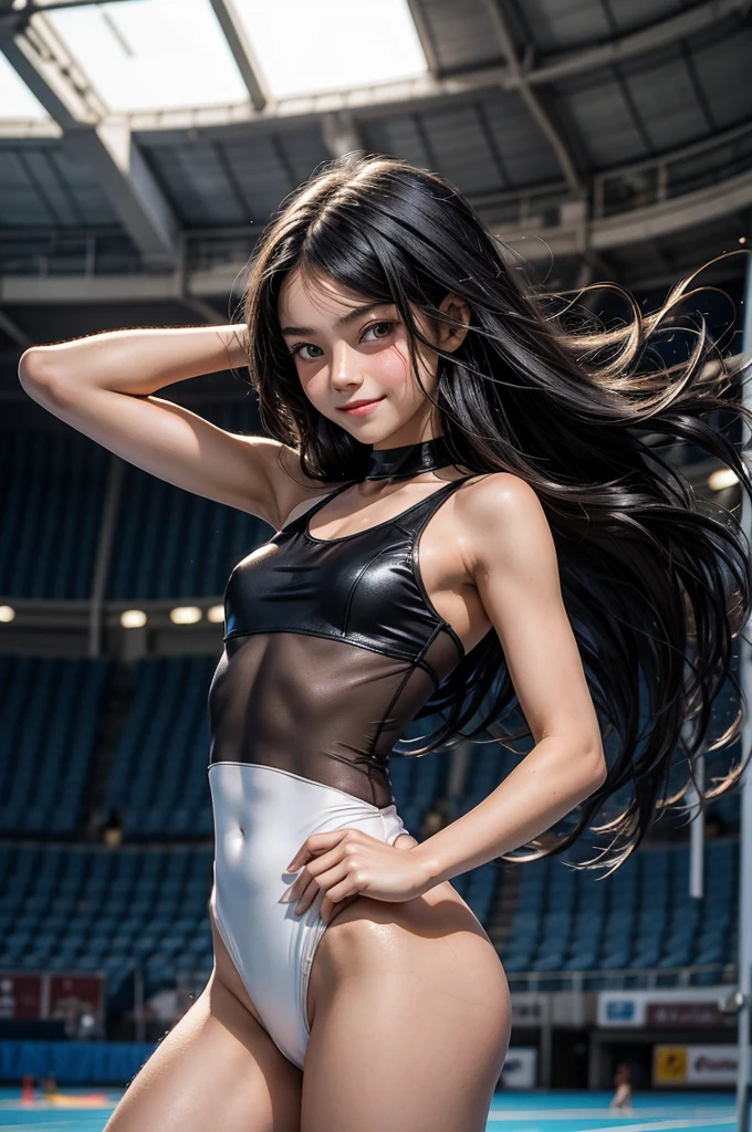 1 girl, cute girl, pretty face, bitter smile, , Beautiful black long hair, beautiful eyes, flat chest, small build, short torso, Small buttocks, No muscles, white skin, White leotard, see-through, indoor stadium, rhythmic sports gymnastics, to many pose,