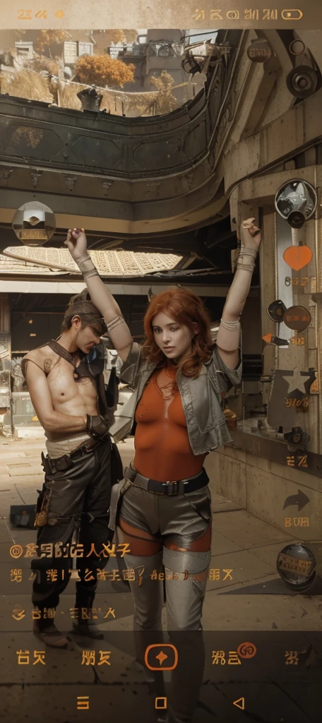 A beautiful woman, Orange eyes, (Red nose), Delicate eyes, Movie, Drawn by Greg Rutkoski, Yoji Shinkawa: 0.6 Long Curly Orange Hair, Definition, Wearing exquisite victorian armor (((Super strong)), masterpiece, best quality, Extremely detailed, ground, destroyed city background, shadow, Compared, Gray sky, style (Look at the audience: 1.2) (Texture) (Film Grain:  1.3), Ultra-high resolution, Octane Rendering, 16K