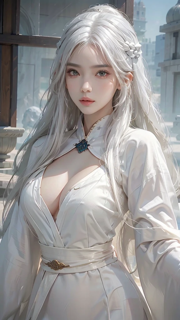 a beautiful detailed woman with long white hair, medium breasts, looking at the viewer, (detailed face), high resolution, photorealistic, Taoist