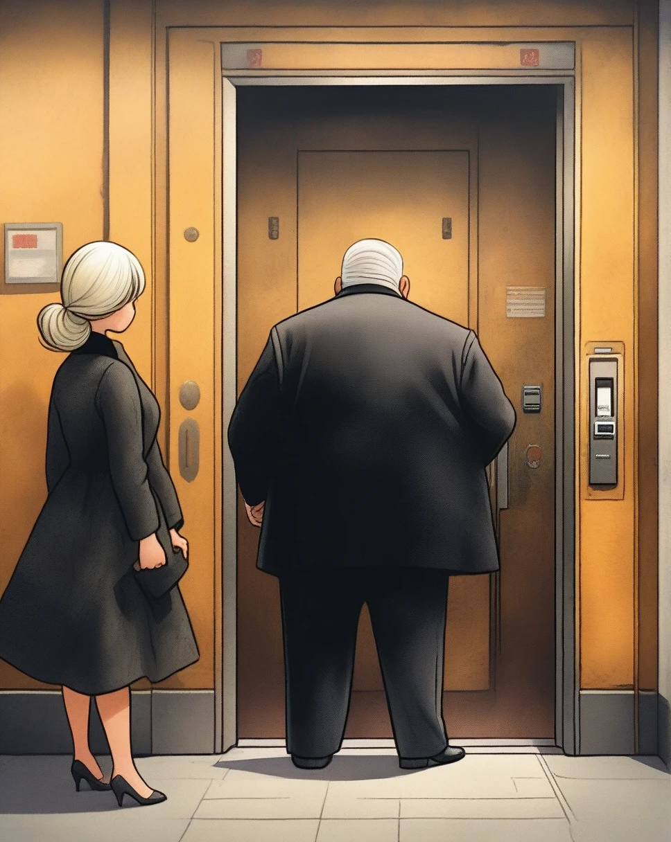 back view, children's picture books, crayon paintings, underground elevator escape rusty old german style, an old fat white hair and beard, mafia boss wearing a black suite, with his blond wife who wears a black dress, clicks the elevator bouton to open the door,
