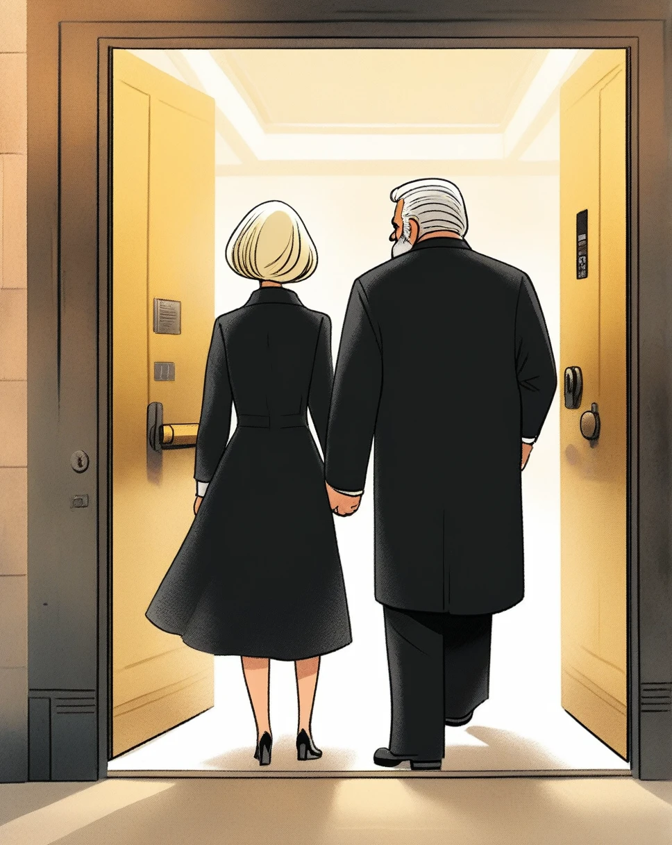 back view, children's picture books, crayon paintings, underground elevator escape rusty old german style, an old fat white hair and beard, mafia boss wearing a black suite, with his blond wife who wears a black dress, clicks the elevator bouton to open the door,
