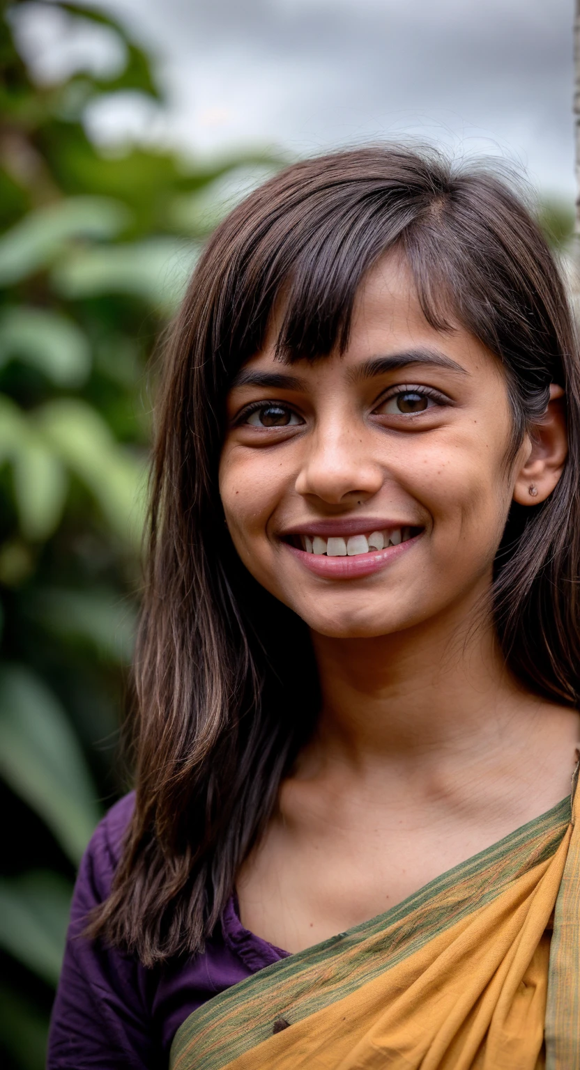 (delhi, girl), ((midium body shot:1.3) ,Smiling, A young ************ girl in a traditional purple sari with golden embroidery, smiling and posing outdoors with greenery in the background. High-definition, DSLR photograph with shallow depth of Field shot, The background features lush greenery and soft sunligh, (highly detailed face:1.2) , 33mm lens, (background inside dark, moody, private study:1.3) POV, by lee jeffries, nikon d850, film stock photograph ,4 kodak portra 400 ,camera f1.6 lens ,rich colors, hyper realistic ,lifelike texture, dramatic lighting , cinestill 800, mischievous , smile, A line Hairstyle, (Shoulder lenth hair), , yellowish eyes , bright brownish eyes, , Pombagira, white skin,  , wide angle view, Incomplete details, Shot with Leica, analogue,