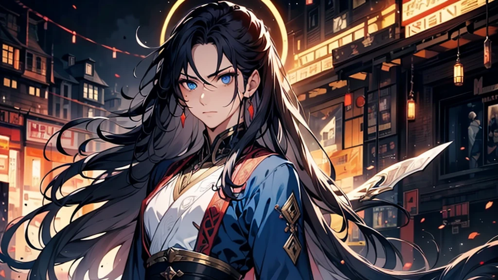 A man alone,There is a halo behind it,sacred,Correct proportions,Facial details,swordsman,Blue robe,Clothing details,transfer,Long sleeve,Game quality,fencing,Ray Tracing,Ray Tracing,Delicate glow,CG Rendering,Hair details,Black long hair,blue eyes,Handsome,Handsome,(The feeling of youth),The costumes are complicated,Perfect composition,Refinement,high quality,More details,Lots of details,Complex background,Sense of atmosphere,