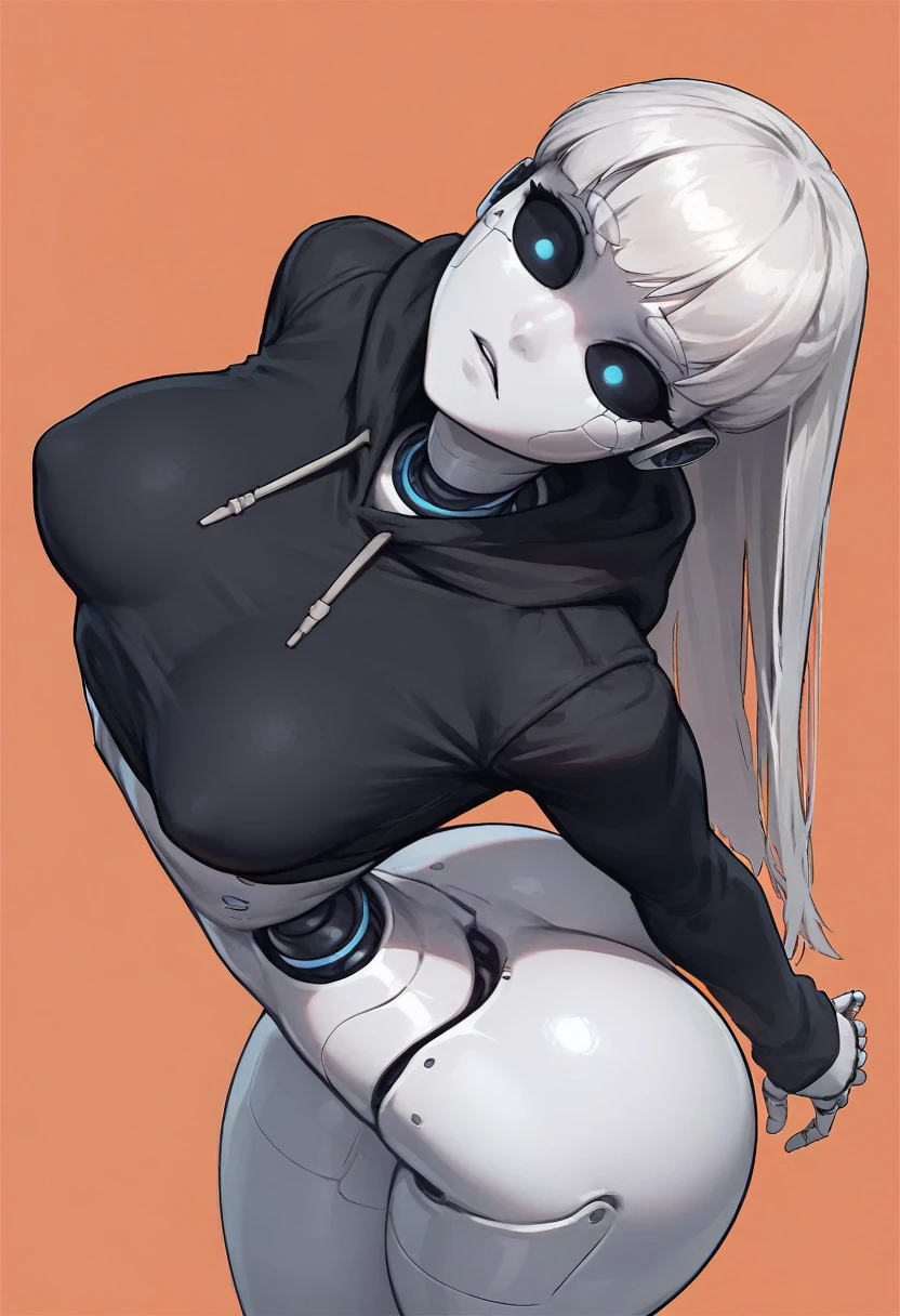 score_9, score_8_up, score_7_up, 1girl, solo, from above, white long hair, flat , bangs, arched back, large . Thin waist,  Bulges,dark eyes, too tight burgundy hoodie,giant huge large fat , too tight short,hangging her own , pervert girl,  pose,provocative, orange background, robot joints, intervention unit, very complex robot