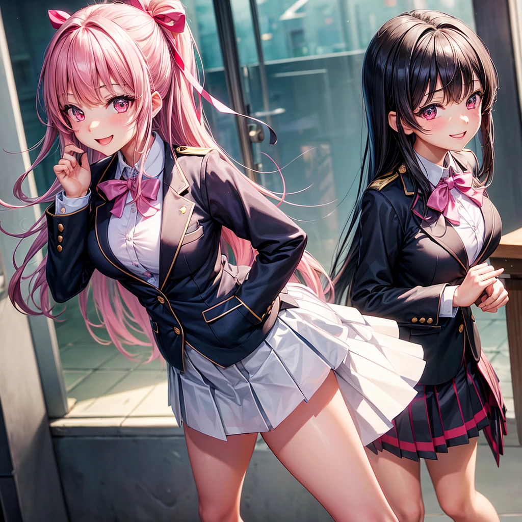 best quality,8K,smile,blazer,ribbon on uniform,,high school girl,multiple girls are depicted,harem,idol group,photo shoot,long hair,wearing a cardigan,highest quality,,happy girl, girl,pink eyes,perfect face,standing position,I have my hands in my pockets,letting down one's Bangs,beautiful eyes,gym,girls hugging each other,smooth hair,multicolored hair colors,naughty girl,beautiful girl,beautiful girl,loose socks,Beautiful shining cute girl,Shining Beautiful Girl,Universe No. 1