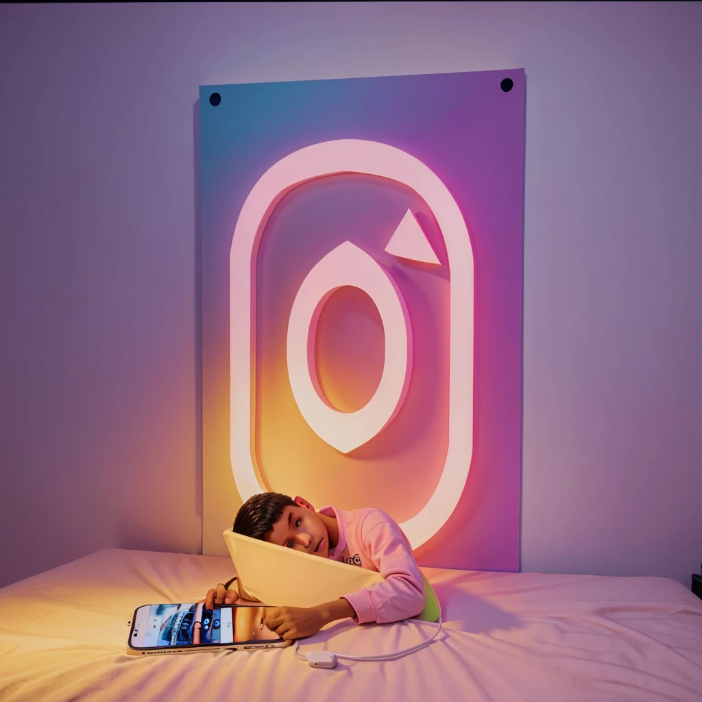 Muslim boy, sat on a call, watch mobile phone,a 3d Instagram logo printed on wall,room light pink