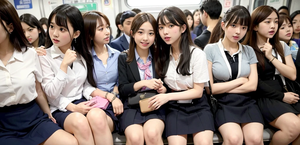 (masterpiece, High resolution, Ultra High resolution, 4K) Black Hair, 3Women, High School Uniform Skirt, glossy detaileded thighs, Accentuate your thighs, (Crossing your legs), from ((Under)), White thighs, Soft thighs, sitting in a train seat,front,Zoom camera on crotch,Put your feet on the train floor,whole body,Looking down and sleepy, Highest quality, 超High resolution, (Realistic:1.4),, High resolution, detailed, RAW Photos,