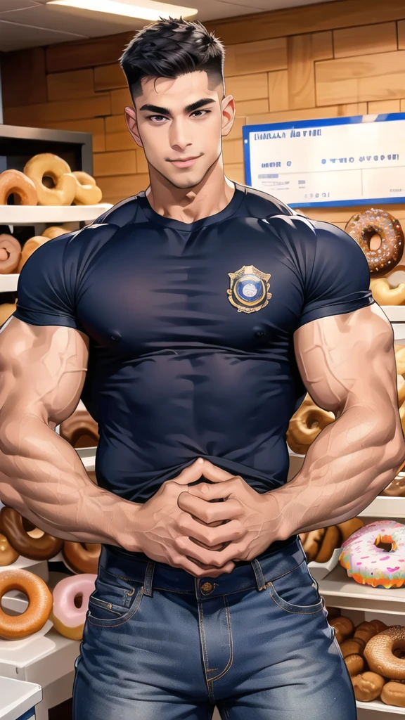 1 man,(Skinheads hairstyles) ,black eye,(Wear a fitted round neck t-shirt in navy with a police badge.:1.3),(fit neck),Navy blue jeans,(black_gloves), Korean guy,chest muscles,large arm muscles,blood vessel,Big muscles,Broad shoulders, smile, middle of the road,(In the desert:1.2),(full_shot:1.6),(In the donut shop:1.2),
