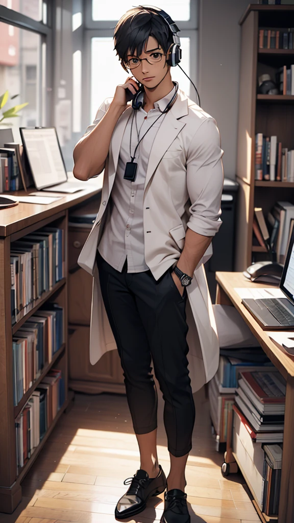 whole body, entire body, full body, total body, upright stance, erect posture, shoes, Navel visible, 20-years-old beautiful office working female, (black rim glasses), (white headphones), black hair, date clothes, early summer costume, colorful costumes, intellectual atmosphere, knowledge, scholarship, enthusiasm, front of whole body, concentration, sense of accomplishment, masterpiece, top quality, 4K, academic atmosphere, (masterpiece), (best quality), ultra-high res, sharp focus, high definition eyes, anime style