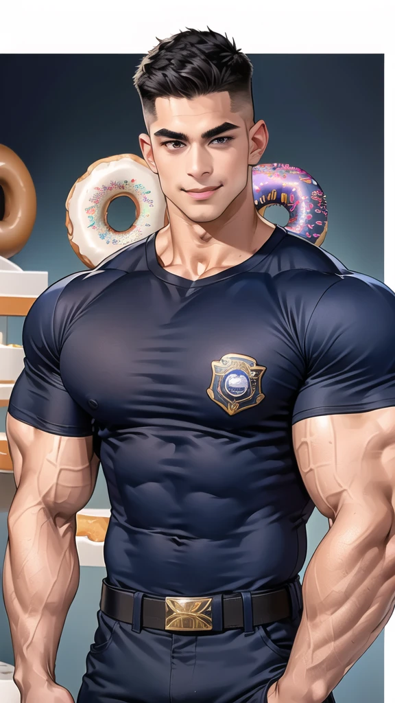 1 man,(Skinheads hairstyles) ,black eye,(Wear a fitted round neck t-shirt in navy with a police badge.:1.3),(fit neck),Navy blue jeans,(black_gloves), Korean guy, muscles,large arm muscles,blood vessel,Big muscles,Broad shoulders, smile, middle of the road,(In the desert:1.2),(full_shot:1.6),(In the donut shop:1.2),