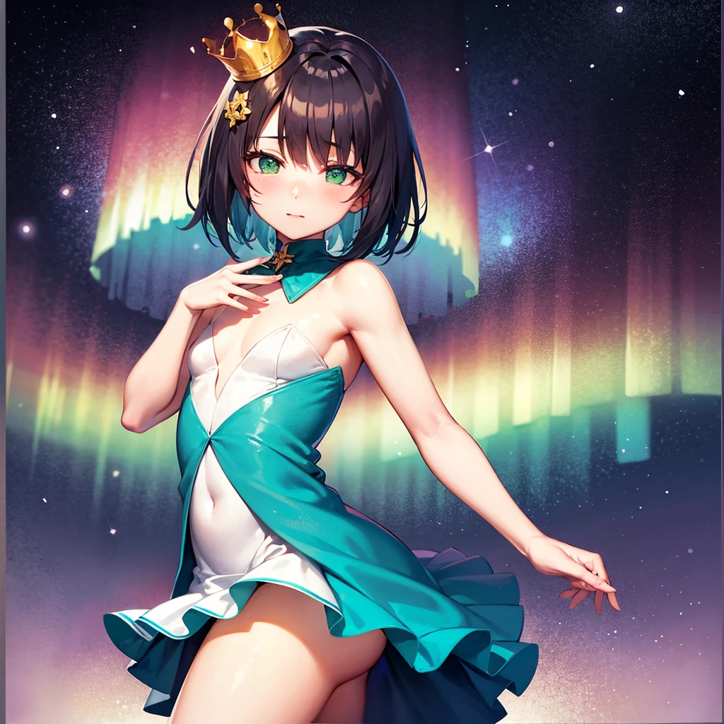 Anime AI art high qualtiy, high digital art qualtiy,( femboy), Otoko no ko, blue aqua hair, short hair, green eyes, cute face, blush on face, shy face,(flat chest), (thin body),big butt, sexy ass,  frilled dress, short dress, blue dark dress, sexy pose, hot pose, golden crown, night Aurora rainbow full of stars background 