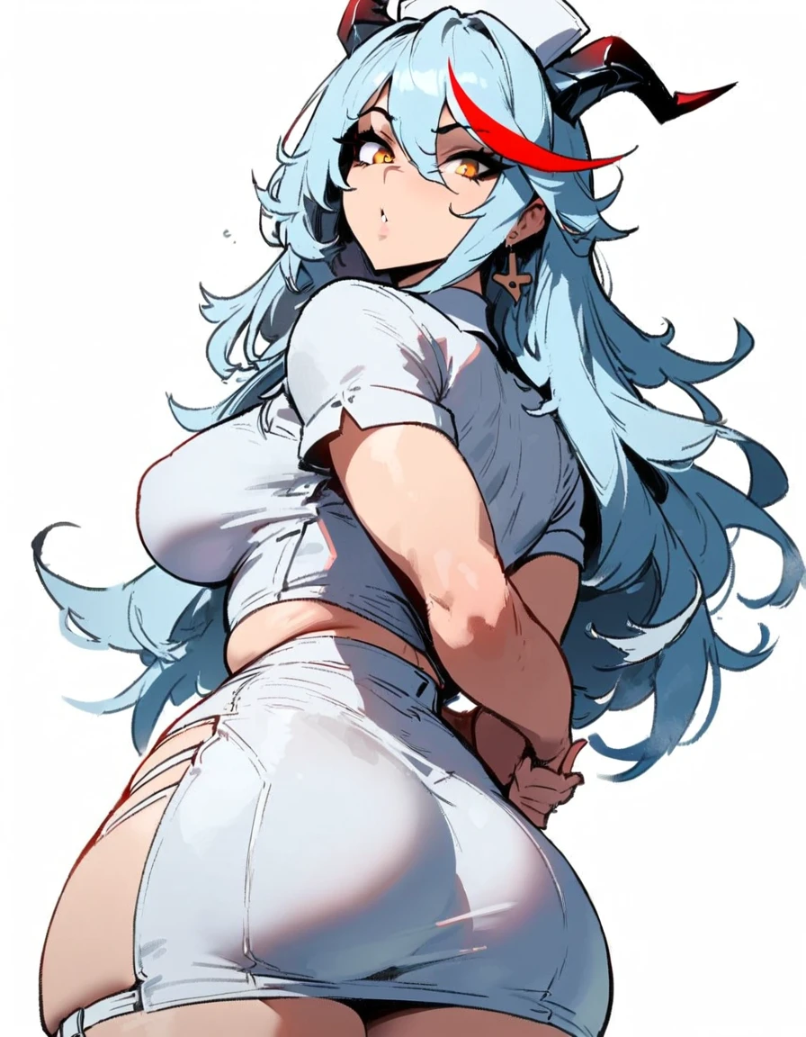 1girl, aegir \(azur lane\), azur lane \\\\\ masterpiece, best quality, very aesthetic, absurdres, newest \\\\\\ sportive body, \\\\\\ by nyantcha,,by cutesexyrobutts,by khyle ///// white hair with a single prominent red streak, black horns, yellow eyes, , white background, white (nurse outfit:1.2), skirt, standing, white pencil skirt, nurse cap, hands behind back