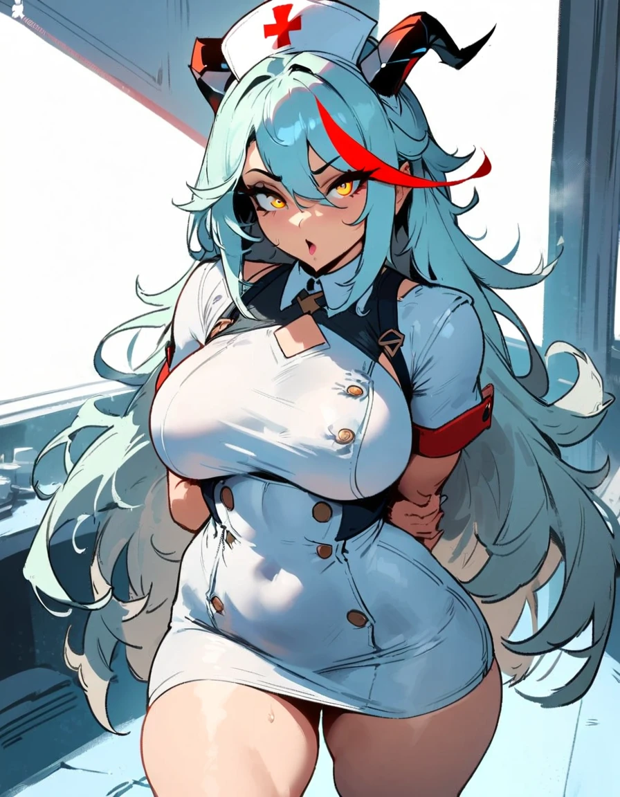 1girl, aegir \(azur lane\), azur lane \\\\\ masterpiece, best quality, very aesthetic, absurdres, newest \\\\\\ sportive body,  \\\\\\ by nyantcha,,by cutesexyrobutts,by khyle ///// white hair with a single prominent red streak, black horns, yellow eyes,  , white background, white (nurse outfit:1.2), skirt, standing, white pencil skirt, nurse cap, hands behind back
