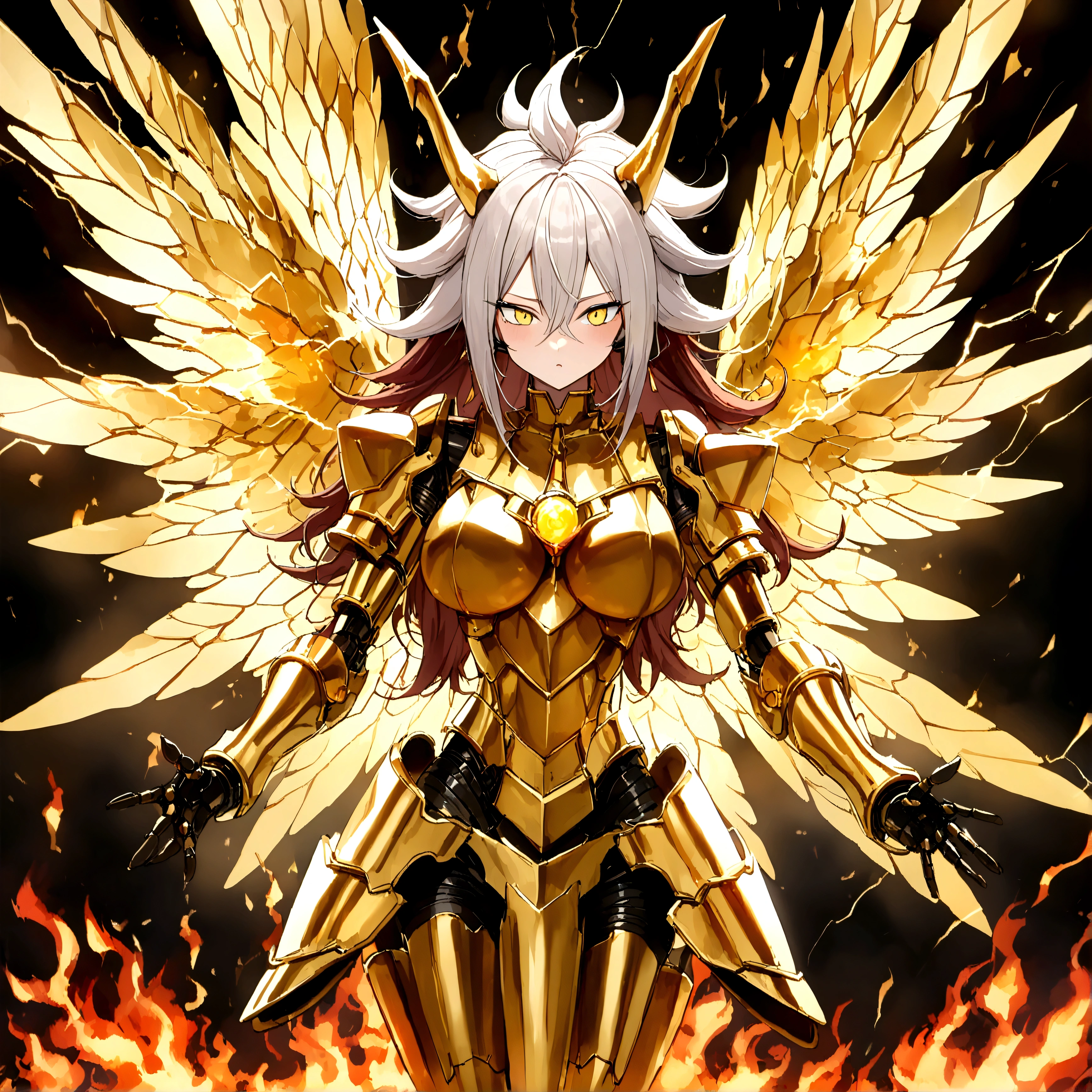 ((Lightning Power)), ((Electricity)), ((Fire Background)), ((Lightning Storm)), ((Power Erupting)), (((((android 21))))), ((((SUN Rasengan)))), (((Evil Power))), (((white Coat))), (((Busty))), (((((Big breast:1,3)))), luxury bustier corset, (((silver hair))), (((Very slim waist))), propotional body, ((Gorgeous)), (((Fire Blazing Horns))), ((((gold wings))), masterpiece, hyperdetail, ambient effect, digital effect, (((Fire Gold Armor))), (((Lightning Gold Wings)))