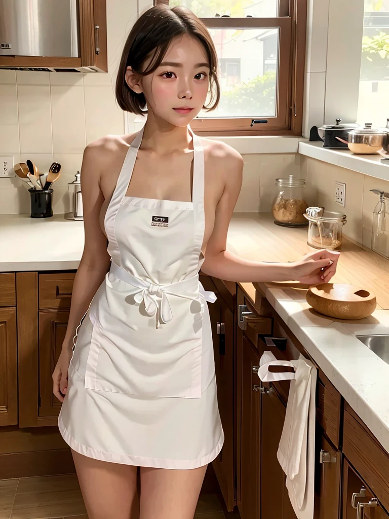 highest quality,Photo quality,Ultra-high resolution,Professional Lighting,,Beautiful face 、Amazingly cute、(((Naked Apron)))、The bra is visible through、kitchen、Cooking、