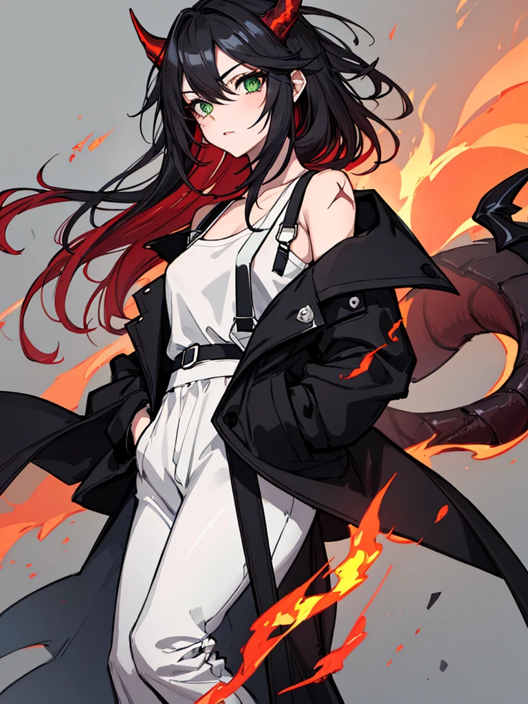 absurdres, 8k, 4k, masterpiece, hyper extreme detailed:1.2), solo, 1girl, front view, perfect face, 1girl, portrait, expressive eyes, looking at viewer, solo, green eyes, standing, mature female, , pale, long black hair, groan, casual wear, , looking forward, front view, black horns, confident, cautious, rational, messy hair, wind, windy, moving hair, moving clothes, swept bangs, front view, unyielding, mature body, tomboy, dragon tail, , black nails, wild hair, velvet crowe, scars, fatigue, Black Demonic Horns, Dragon Horns, Dragon Tail, fire, long skirt, hands in pockets, white shirt black letters, exposed shoulder, shoulder strap, suspenders, velvet crowe, velvet-outfit, red hair gradients, village background, fiery, flames, burning, bound, bondage, (arms behind back:1.4), bdsm, tape gag, tape, tape bondage, close-up, restrained, best anatomy, half body, taped thighs, taped legs, legs together, tape wrapped, wrap gag,