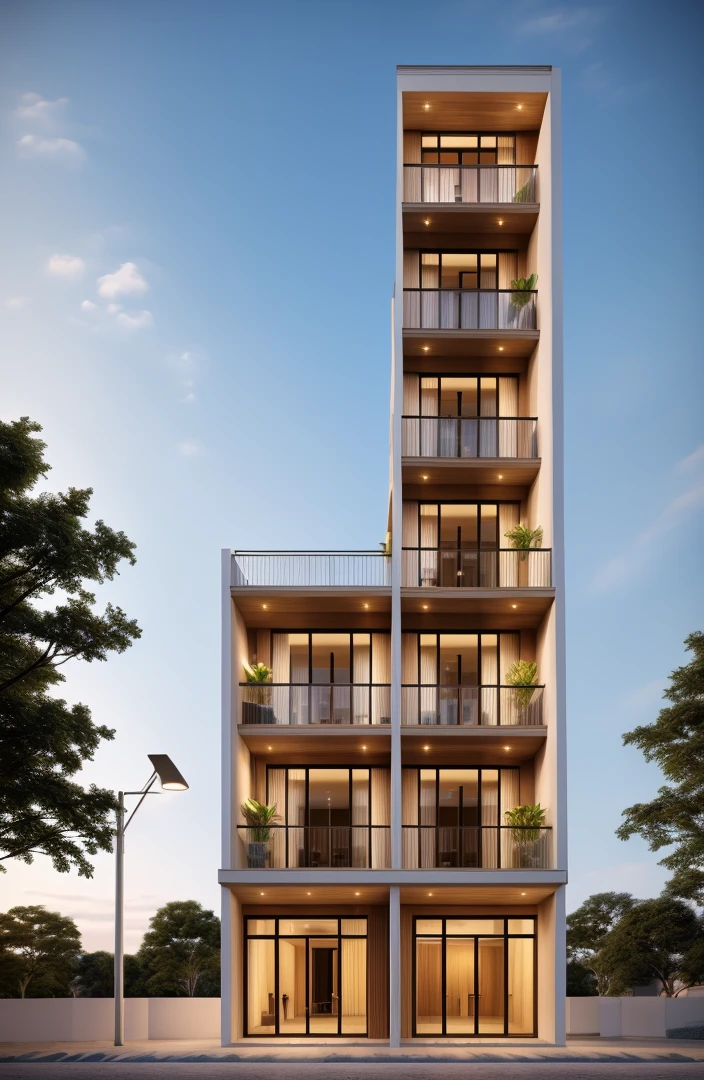 Perspective of a modern house with a large enough front yard, main materials are light yellow walls, stone and wood, a road running in front of the house, (RAW photo, real, best quality, masterpiece: 1.2), current view modern minimalist, 1 street in front of house, shime ring light, indoor brightness:1.2, dynamic lighting:1.3, (hyper-realistic, photo-realistic:1.2), high quality, daylight, contrast high:0.5 perfect light, Archdaily, contemporary masterpiece award, award winning contemporary, beautifully designed masterpiece, spacious modern mansion, modern neo-traditional, wide angle exterior 2022 , mid-century modern, contemporary home, stylish modern feel, long front view,award-winning modern design, stunning lines, residential, exquisite details, indoors gently:1.3 (