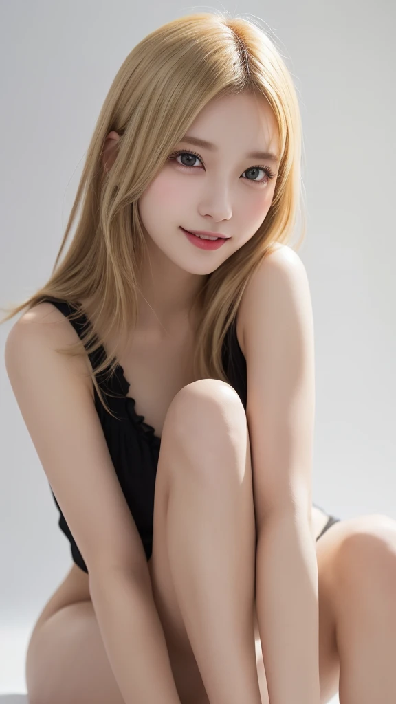 (((Blonde、White background)))、An innocent 18-year-old girl、((Frills、race、tight、Blonde、forehead、Dramatic Pose))、smile、Long Hair、White background、RAW Photos、(8K、Highest quality、masterpiece:1.2)、(Exquisite detail:1.4)、(Realistic:1.4)、Octane Rendering、Complex 3D rendering with ultra-detail、Studio Soft Light、Rim Light、Sharp details、Very detailed、Realistic skin texture、detailed aspects、Beautiful details、Very detailed CG Unity 16k 壁紙、Compensate、(Detailed Background:1.hiny skin、((Sit with your legs apart、Top-down angle))