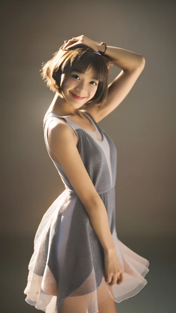 Fashion model photography, Ballet Dress, Strong design sense, Medium Shot, South African girl, short hair, hair accessory, Delicate skin, smile, Simple Background, High quality texture, Glare Backlight, Professional Studio Lighting