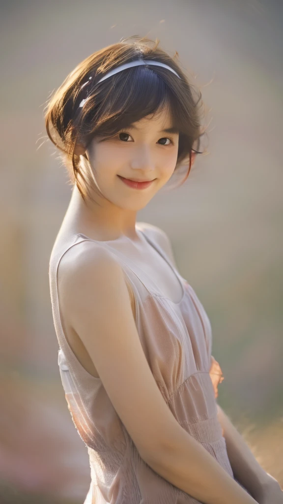 Fashion model photography, Ballet Dress, Strong design sense, Medium Shot, South African girl, short hair, hair accessory, Delicate skin, smile, Simple Background, High quality texture, Glare Backlight, Professional Studio Lighting