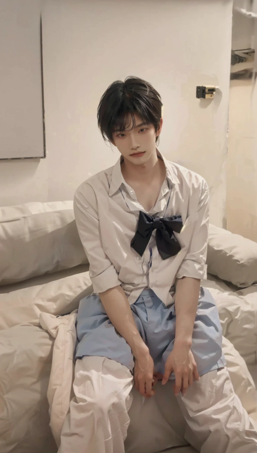 ​masterpiece、top-quality)、One Manly Boy、Slim body、((Black and white plain clothes:1.1))、(Detailed beautiful eyes)、Photo session in the bedroom、Face similar to Chaewon in Le Selefim、((short hair above the ears))、((Smaller face))、((Neutral face))、((Light brown eyes))、((Korean boy))、((18year old))、((Handsome man))、((Wild look))、((Korean Makeup))、((elongated and sharp eyes))、((Happy dating))、((Lying on the futon))、((Looking Up))、((shot from top))