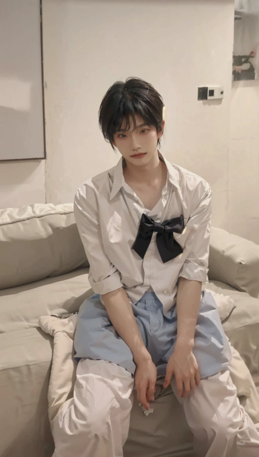 there is a woman sitting on a couch with a bow tie, cai xukun, yanjun chengt, male ulzzang, inspired by Zhang Han, inspired by Bian Shoumin, south korean male, delicate androgynous prince, sakimichan, sha xi, extremely handsome, sitting on the bed, sitting on a bed, twink, cute young man,see-through,huge breasts,mini shirt,biggest breasts,