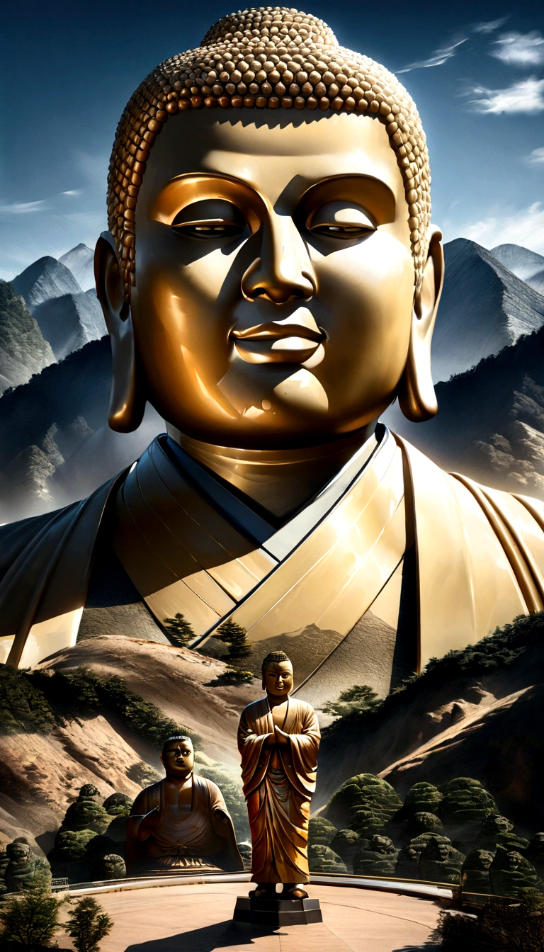 (The figurine Buddha is integrated with the mountain),Huge big face,Leshan Giant Buddha,Living with nature,Surrealism, High detail, Hyper Photorealism, Stereogram, Cinema Lighting, Divine Light, Hyper HD, masterpiece, Textured skin, Highest quality, High resolution