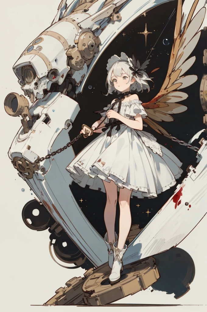 ((Highest quality)), ((masterpiece)), (detailed), One girl, Off the shoulder, blank White Background, Plain background, White Background, Red and white outfit, Inspired by Bloodborne, occult aesthetic, occult, detailed and intricate steampunk and detailed gothic, Browsing Caution, Very dramatic and cinematic lighting, Space horror, dark, Side light, Perfect Face, Browsing Caution, Fluttering lace flared long Knee length dresses with frilly petticoats, Knee length dresses, Pleated petticoat, Lolita Dress, Petticoat Gothic Lolita, Intricate lace boots, Side light, Gothic Lolita Aesthetics, Wield a powerful sword equipped with mechanical parts, Wings of different kinds of insects, Browsing Caution, full body, whole body, body, Plain background, White Background, Blank Background, No background, White Background Browsing Caution, chain, full body, whole body, head-to-toe Browsing Caution