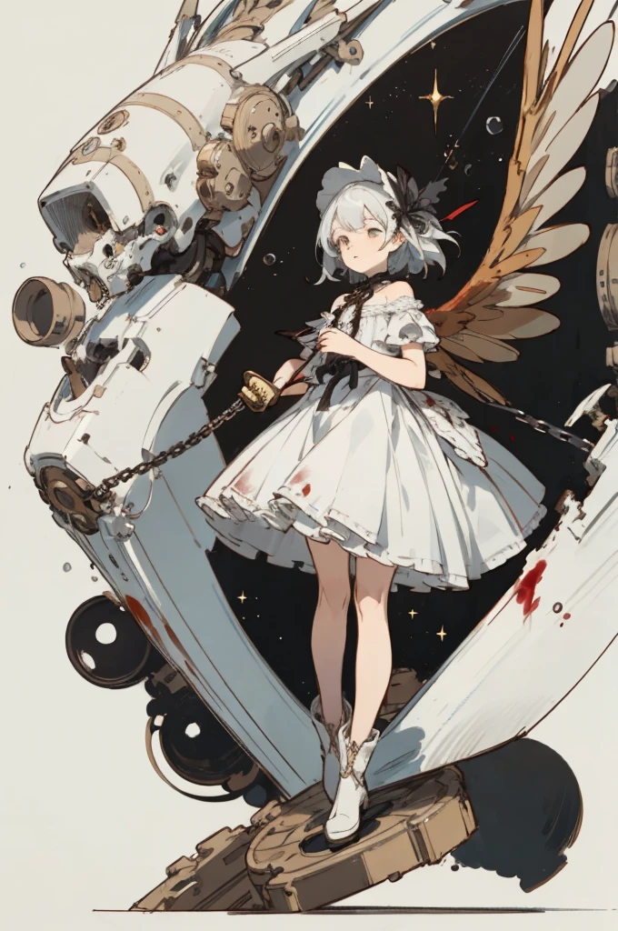  ((Highest quality)), ((masterpiece)), (detailed), One girl, Off the shoulder, blank White Background, Plain background, White Background, Red and white outfit, Inspired by Bloodborne, occult aesthetic, occult, detailed and intricate steampunk and detailed gothic, Browsing Caution, Very dramatic and cinematic lighting, Space horror, dark, Side light, Perfect Face, Browsing Caution, Fluttering lace flared long Knee length dresses with frilly petticoats, Knee length dresses, Pleated petticoat, Lolita Dress, Petticoat Gothic Lolita, Intricate lace boots, Side light, Gothic Lolita Aesthetics, Wield a powerful sword equipped with mechanical parts, Wings of different kinds of insects, Browsing Caution, full body, whole body, body, Plain background, White Background, Blank Background, No background, White Background Browsing Caution, chain, full body, whole body, head-to-toe Browsing Caution 